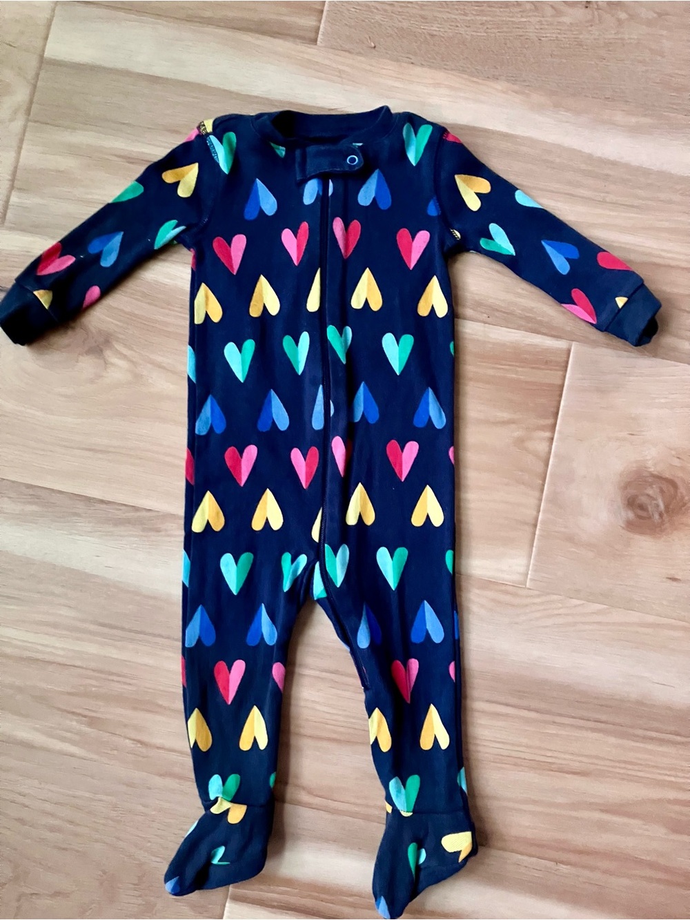 Primary Navy Footed Zip One-piece with Multi-Color Hearts
